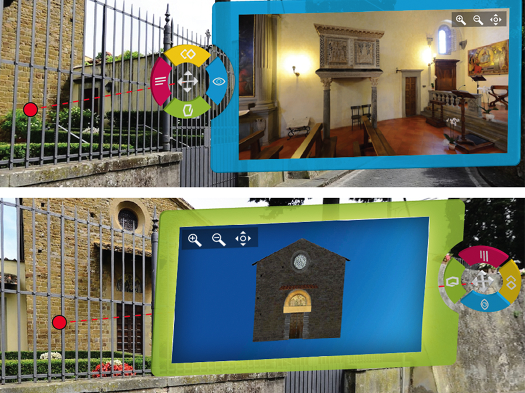 Sample interaction with a hot-spot to show an image of the inside part of a church and a 3D model of the church building