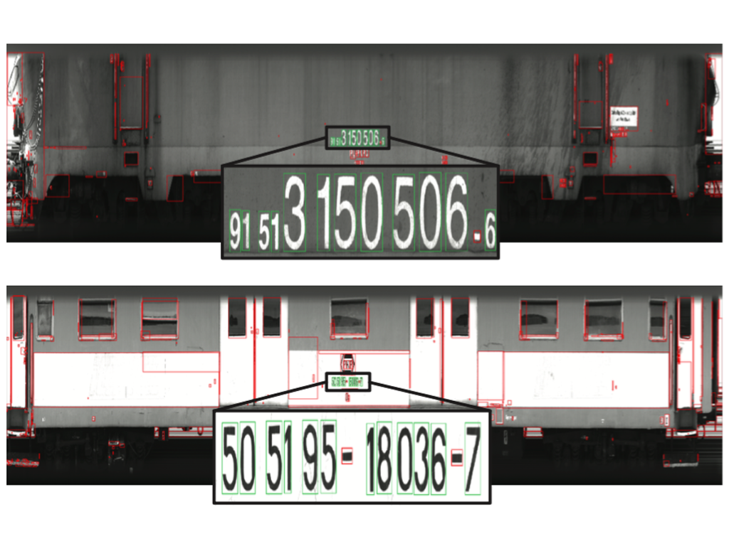 Examples of text region segmentation on two different wagons. In green the final bounding box segmented.