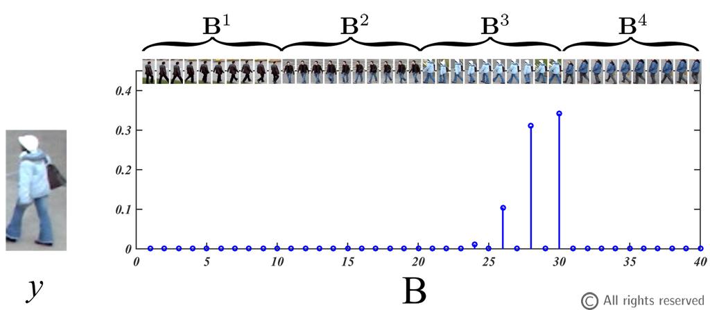 Figure 2: Sparse basis expansion. An observation y is reconstructed in terms of a basis of tracklet observations.