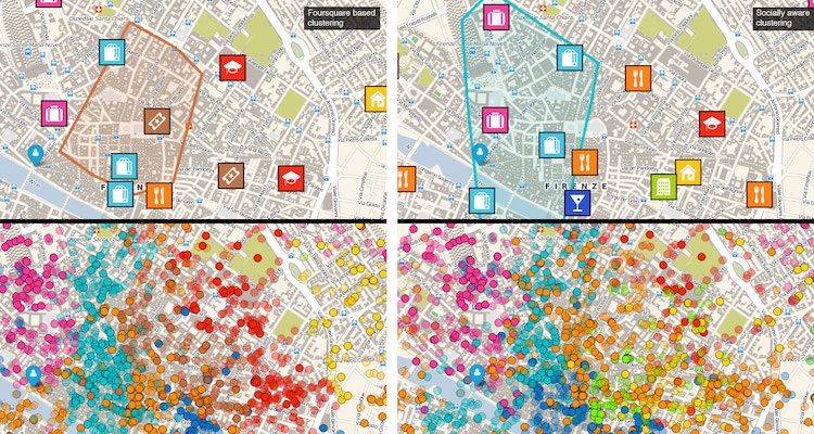 Clusters of venues visualised as points or areas on the map